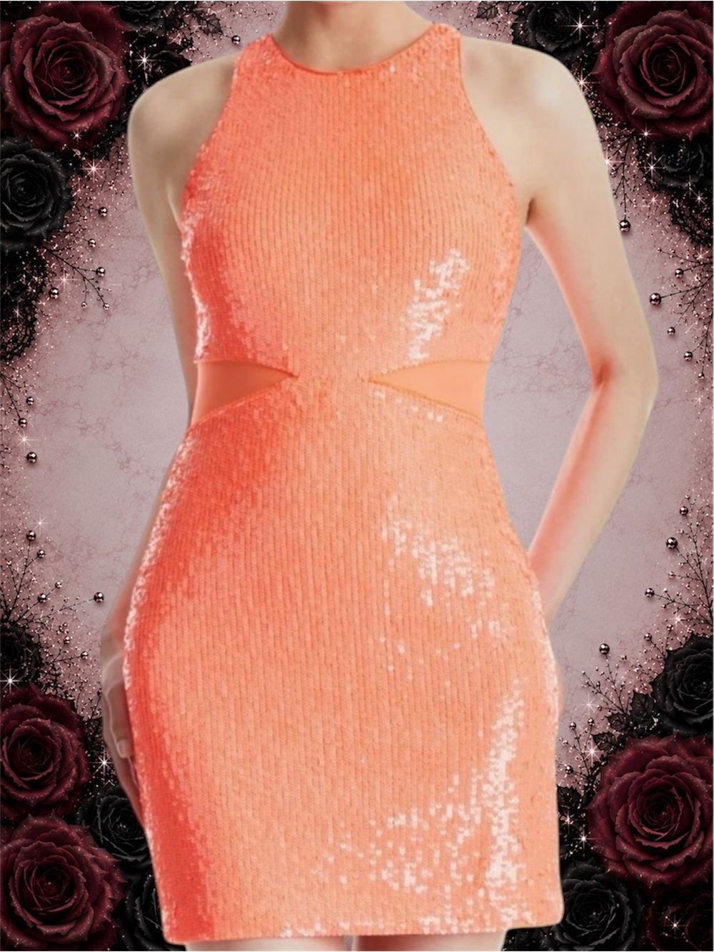 New Alice + Olivia Cara Sequin Mesh Inset Minidress Bright Coral